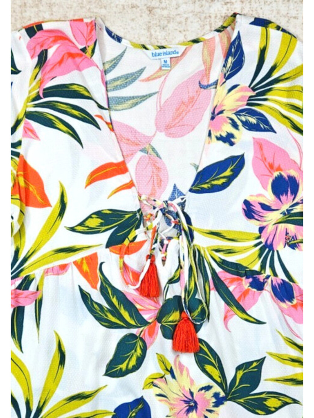 Blue Island Size M Summer Tropical Leaf & Floral V-Neck Beach Mini Dress - Picture 3 of 11